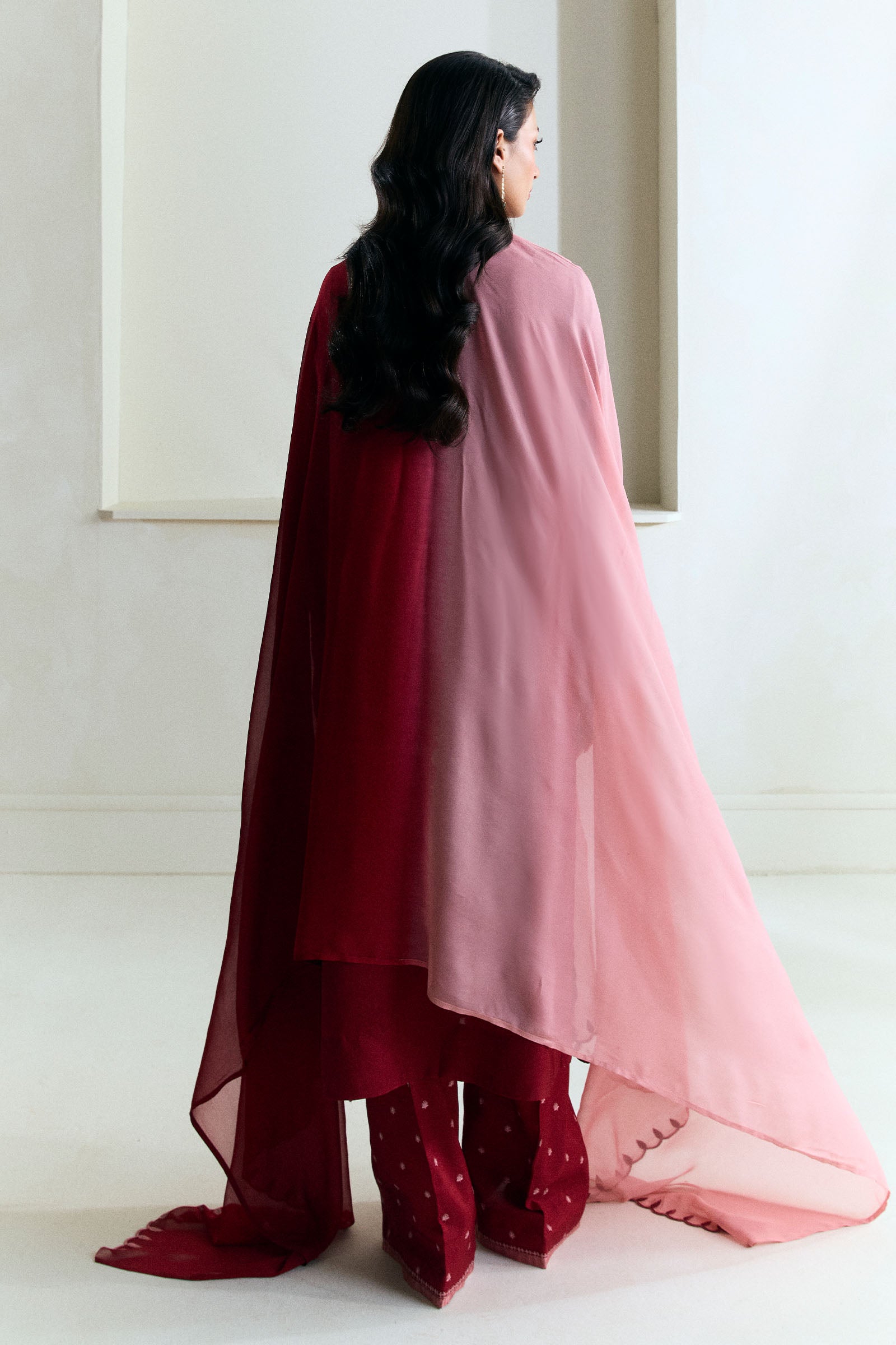 Deep Red Embroidered Raw Silk Salwar Kameez (3-Piece) - Image 2