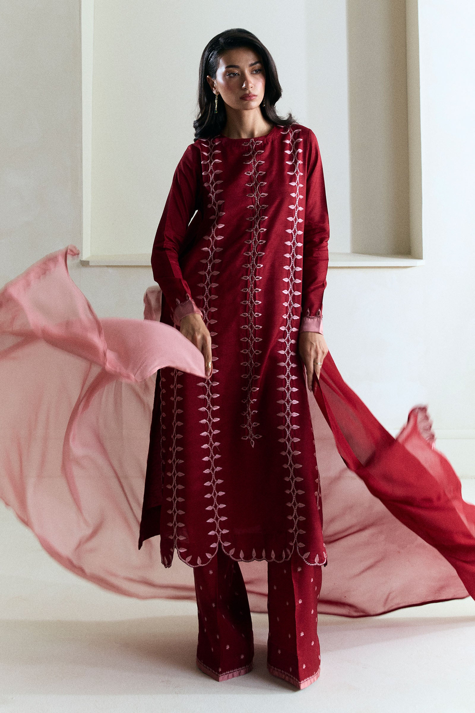 Deep Red Embroidered Raw Silk Salwar Kameez (3-Piece) - Image 3