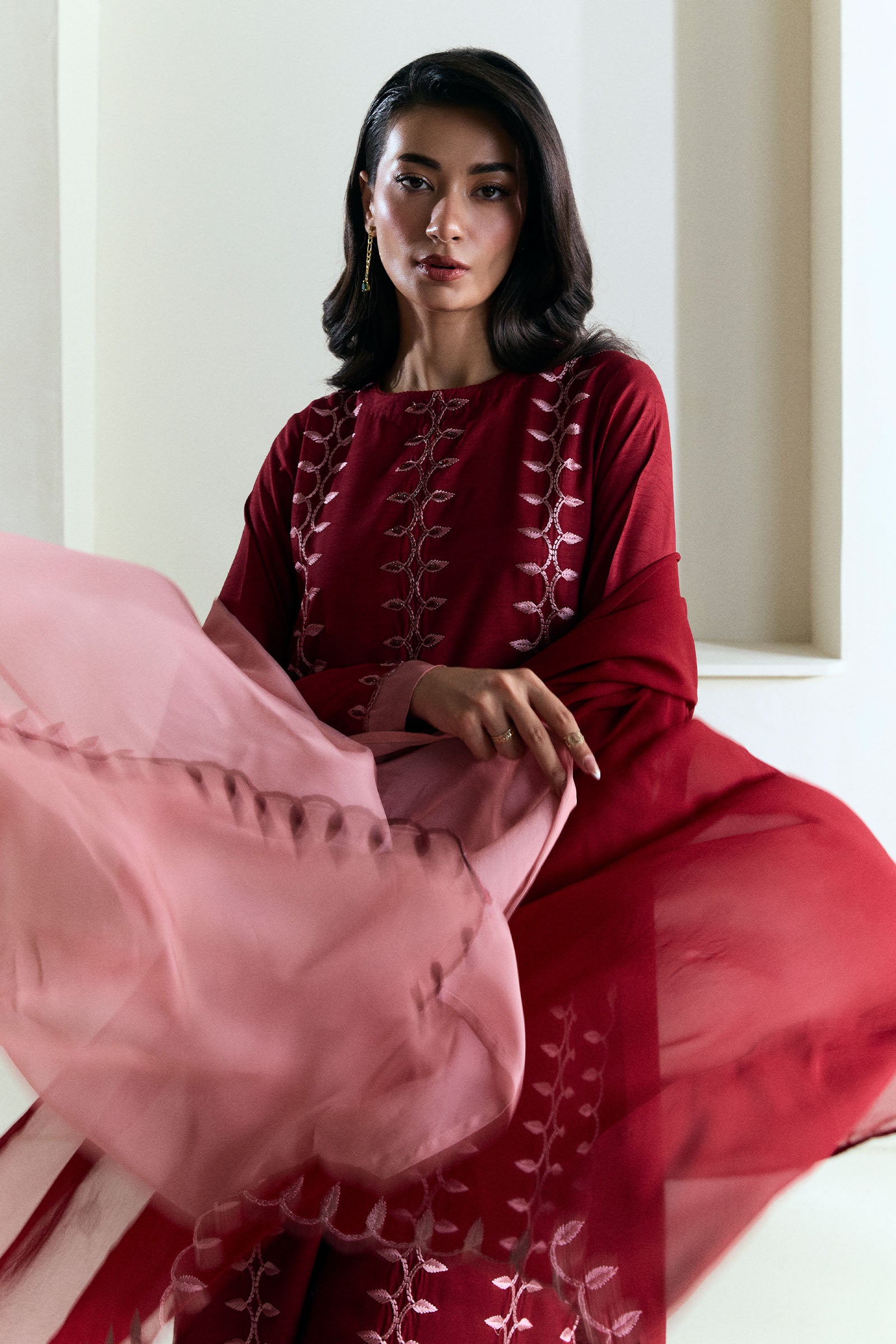 Deep Red Embroidered Raw Silk Salwar Kameez (3-Piece) - Image 4