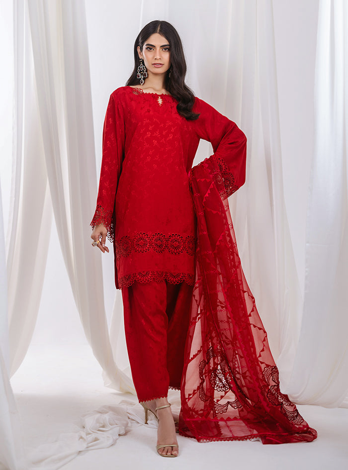 Red Embroidered Raw Silk Salwar Kameez (3-Piece) - Image 1