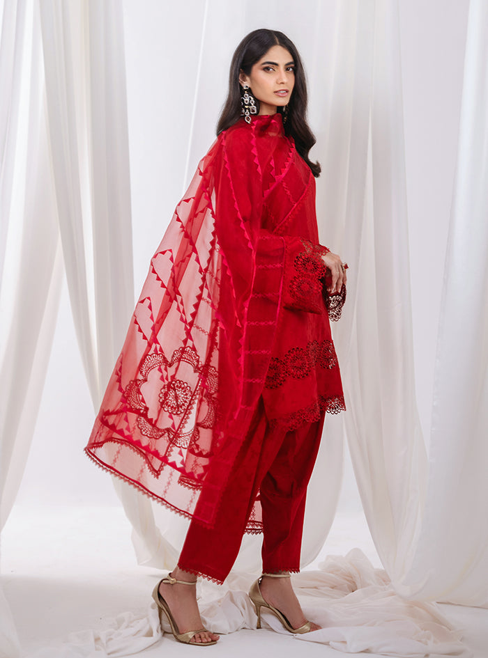 Red Embroidered Raw Silk Salwar Kameez (3-Piece) - Image 2