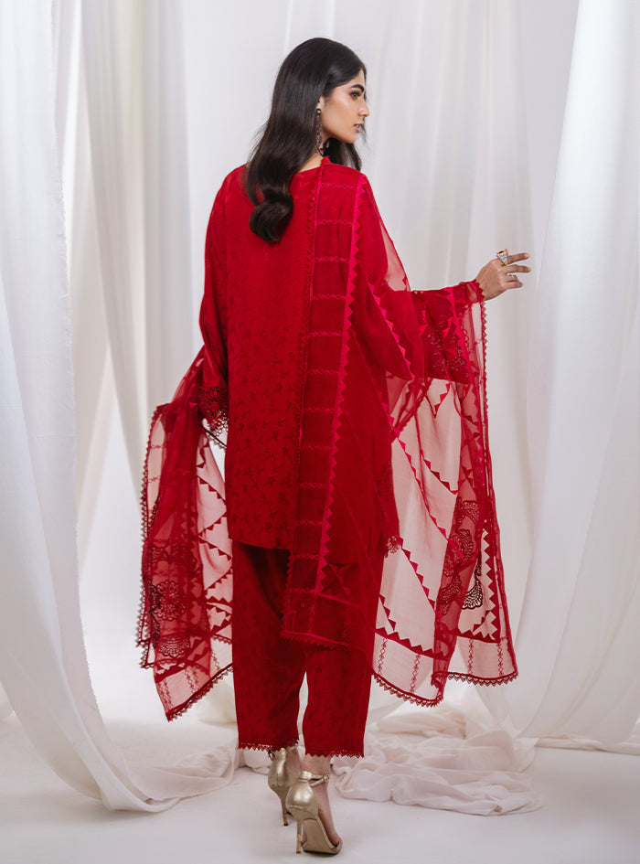 Red Embroidered Raw Silk Salwar Kameez (3-Piece) - Image 3