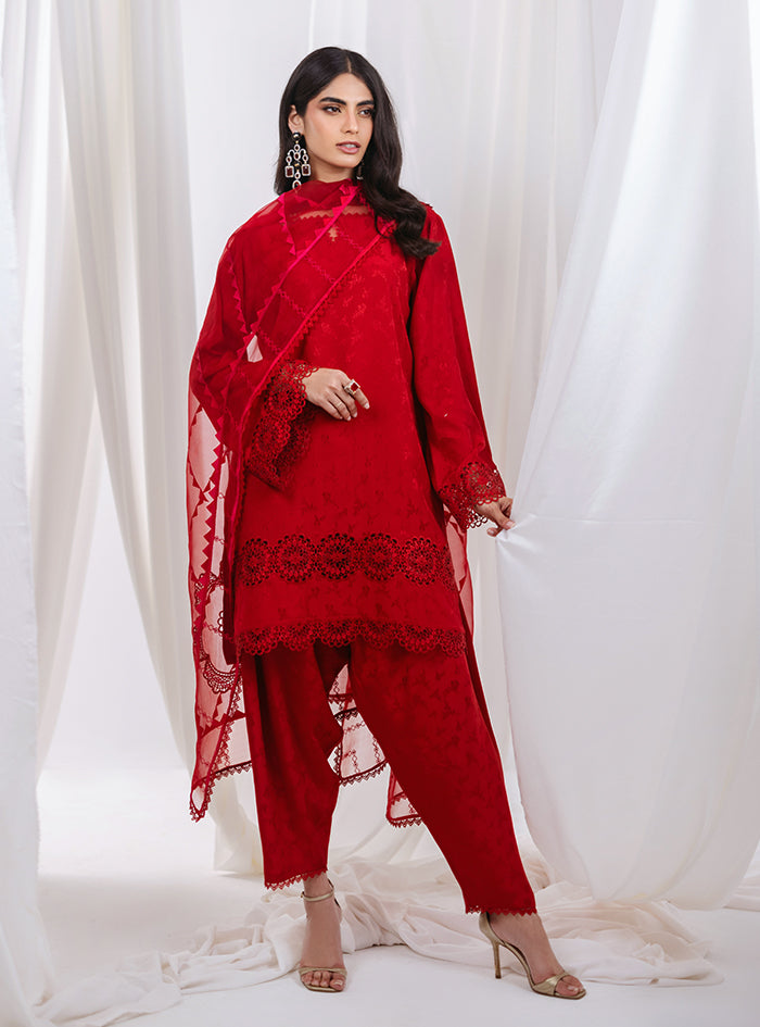 Red Embroidered Raw Silk Salwar Kameez (3-Piece) - Image 4