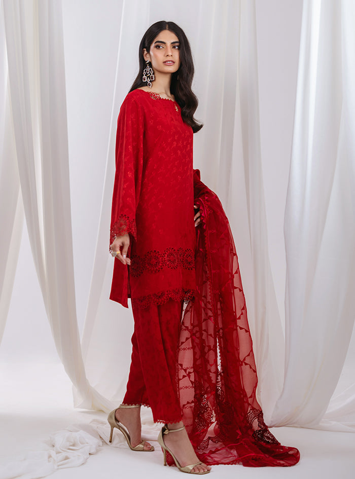 Red Embroidered Raw Silk Salwar Kameez (3-Piece) - Image 5