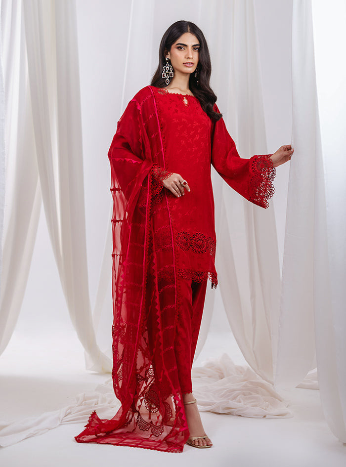 Red Embroidered Raw Silk Salwar Kameez (3-Piece) - Image 6