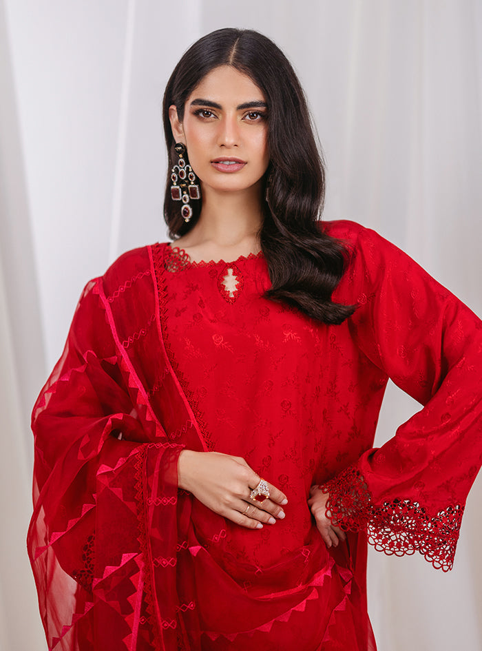 Red Embroidered Raw Silk Salwar Kameez (3-Piece) - Image 7