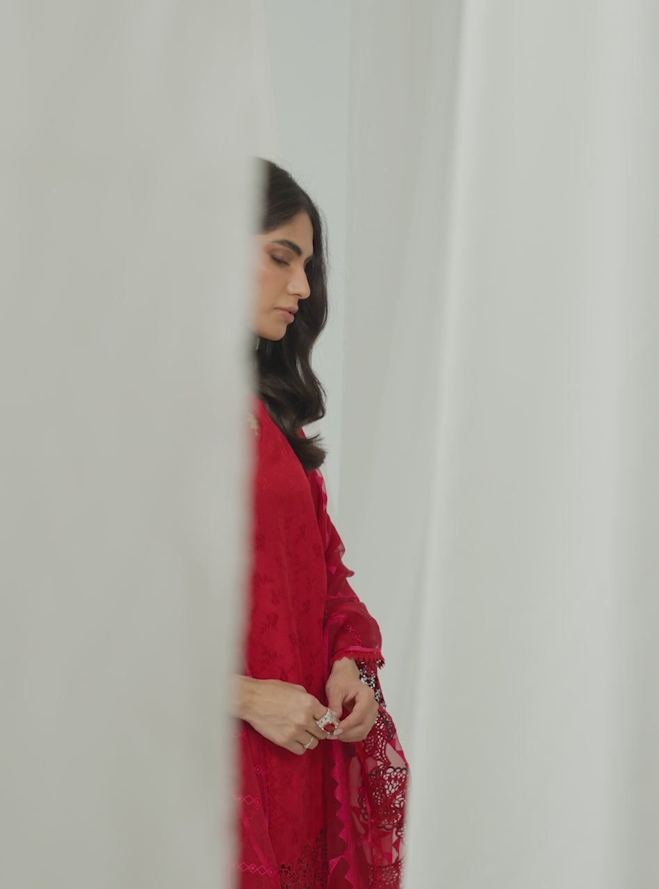 Red Embroidered Raw Silk Salwar Kameez (3-Piece) - Image 8