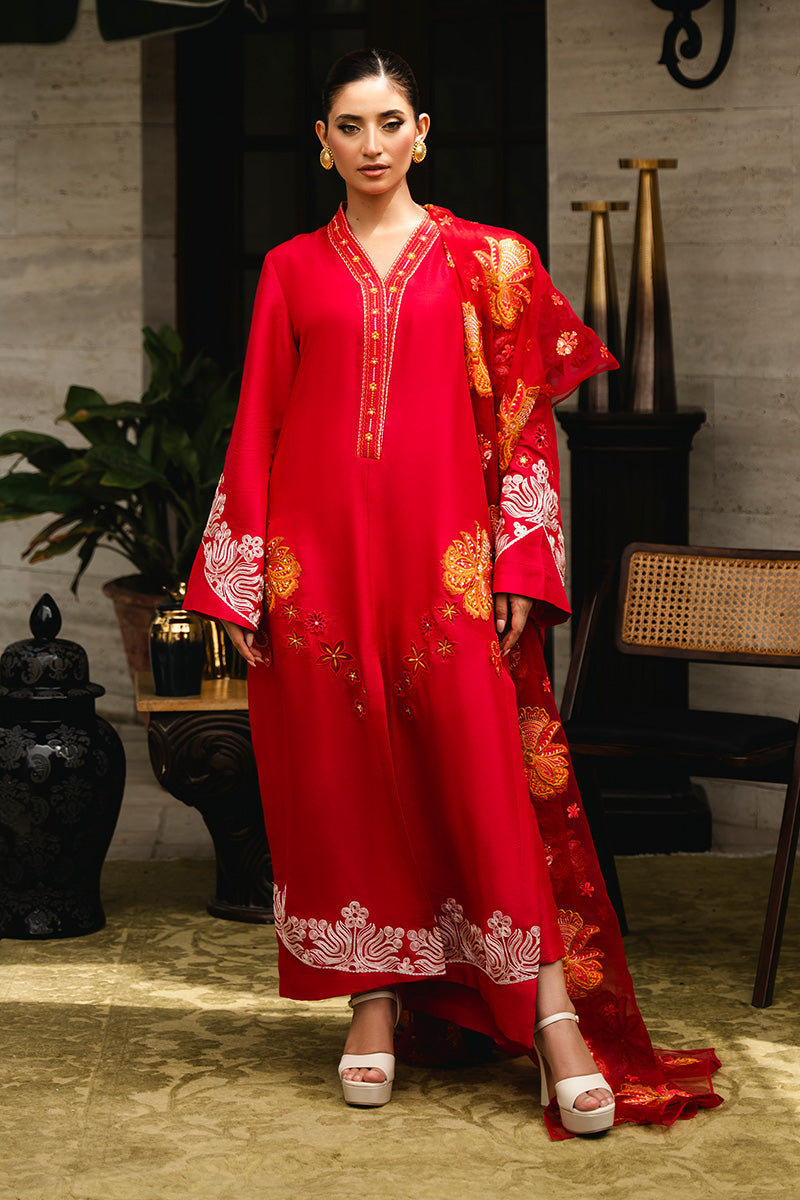 Pakistani Red Embroidered Pure Raw Silk Salwar Kameez (3-Piece) - Image 1