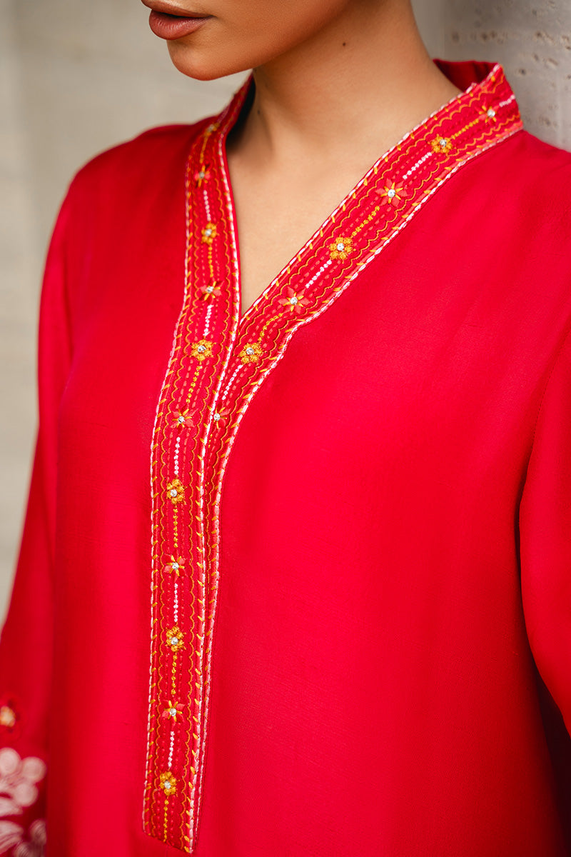 Pakistani Red Embroidered Pure Raw Silk Salwar Kameez (3-Piece) - Image 2