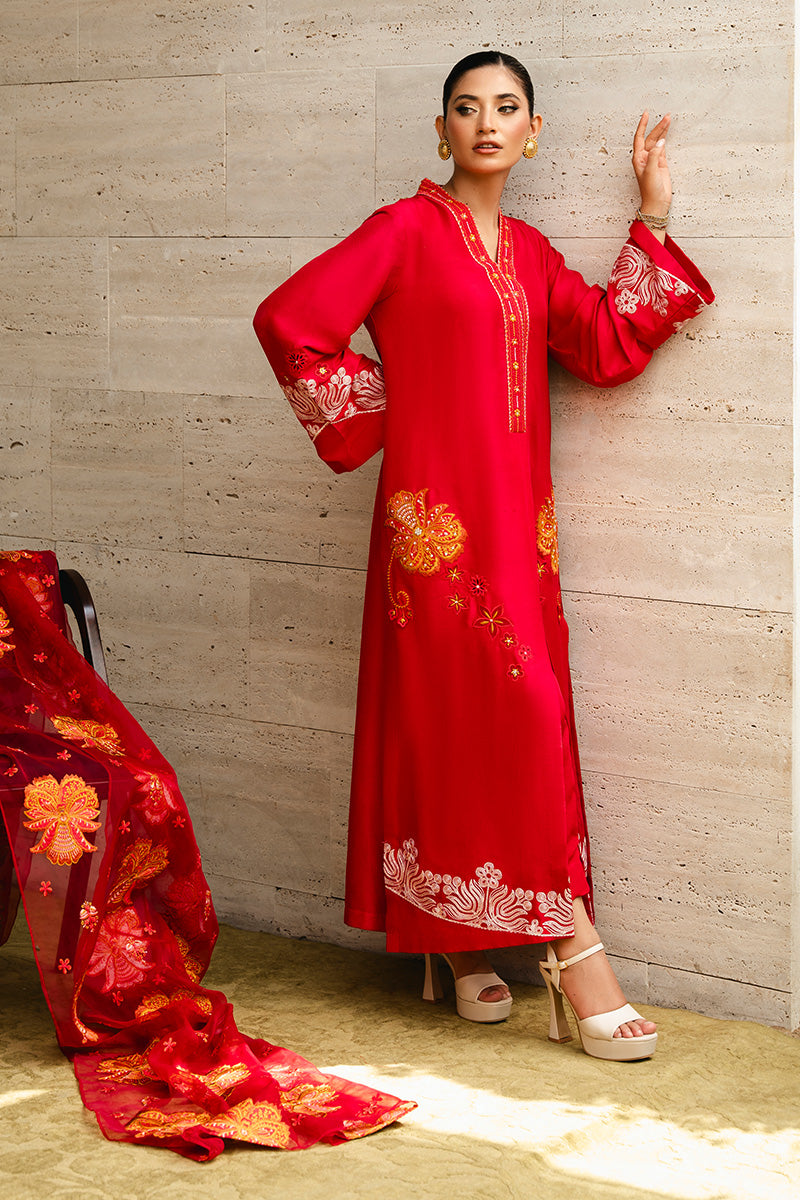 Pakistani Red Embroidered Pure Raw Silk Salwar Kameez (3-Piece) - Image 4