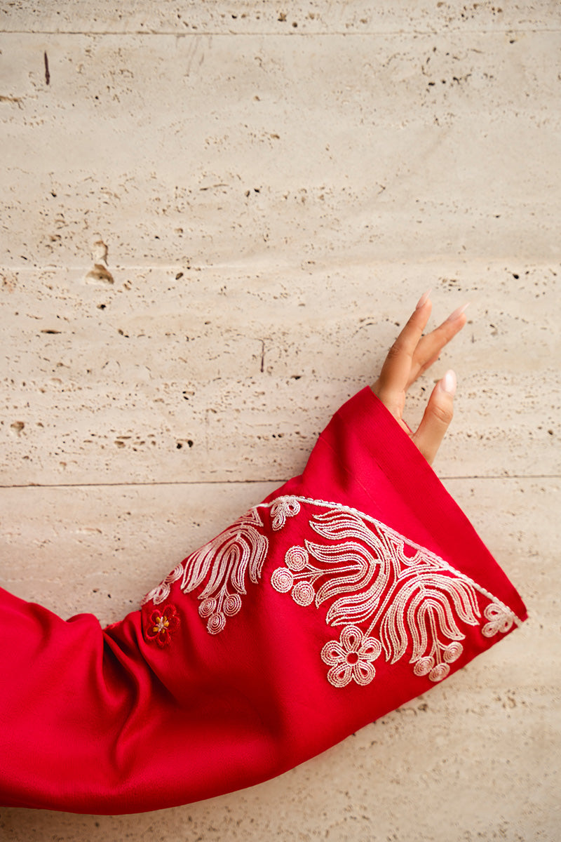 Pakistani Red Embroidered Pure Raw Silk Salwar Kameez (3-Piece) - Image 5