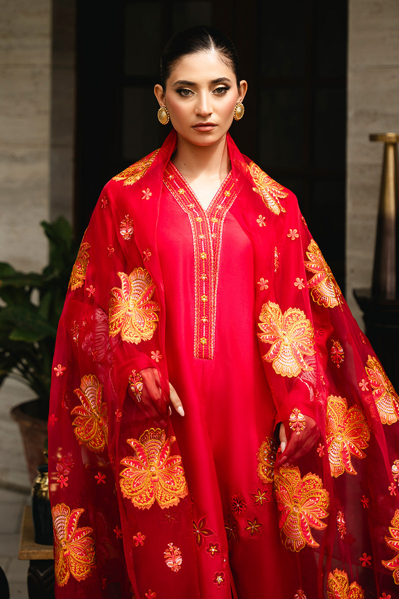 Pakistani Red Embroidered Pure Raw Silk Salwar Kameez (3-Piece) - Image 7