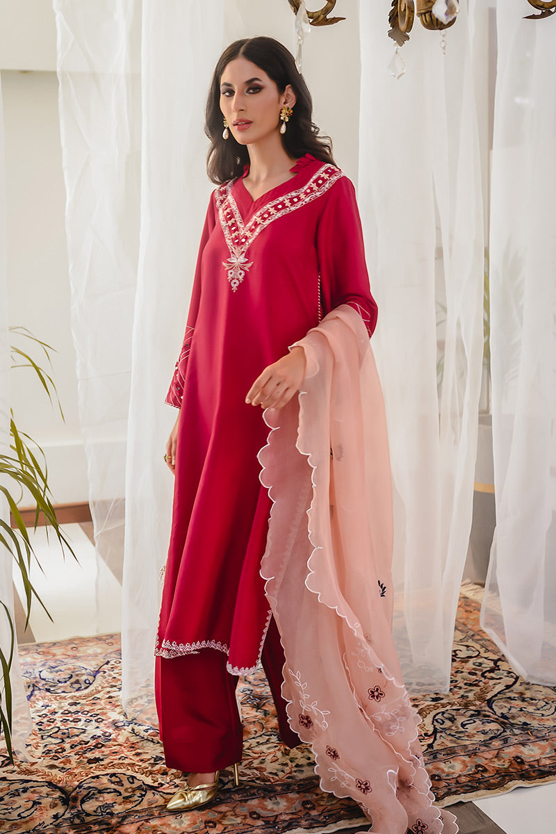 Pakistani Berry Red Embroidered Raw Silk Salwar Kameez (3-Piece) - Image 1
