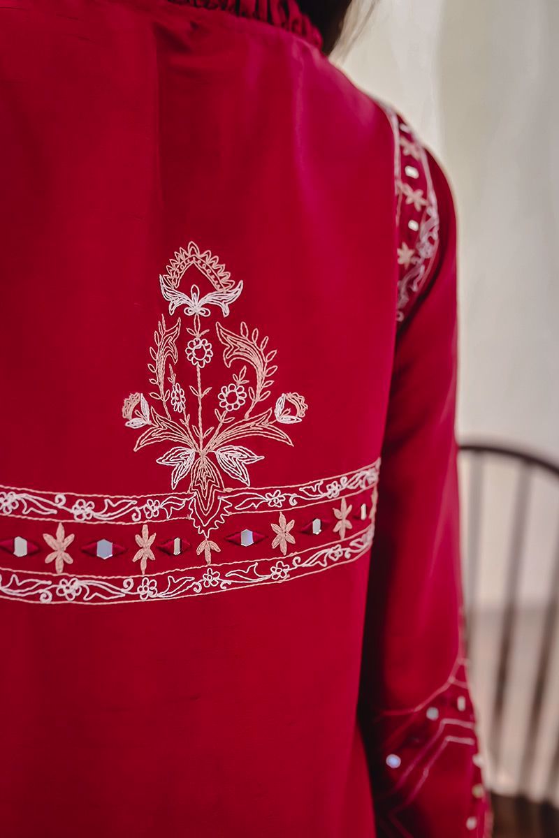 Pakistani Berry Red Embroidered Raw Silk Salwar Kameez (3-Piece) - Image 11