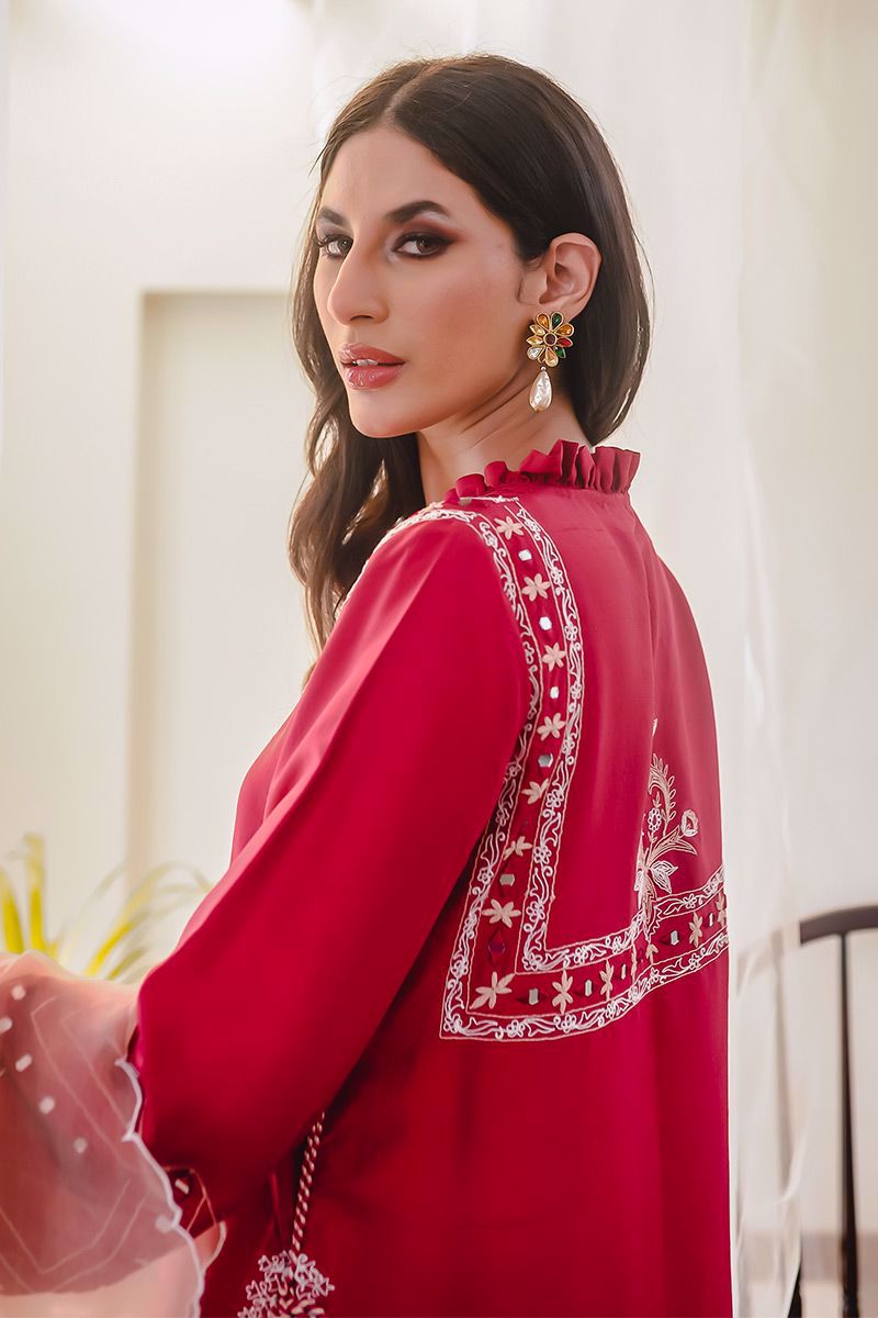 Pakistani Berry Red Embroidered Raw Silk Salwar Kameez (3-Piece) - Image 12