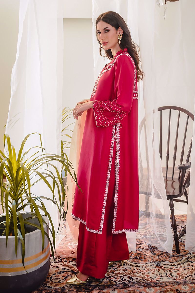 Pakistani Berry Red Embroidered Raw Silk Salwar Kameez (3-Piece) - Image 13
