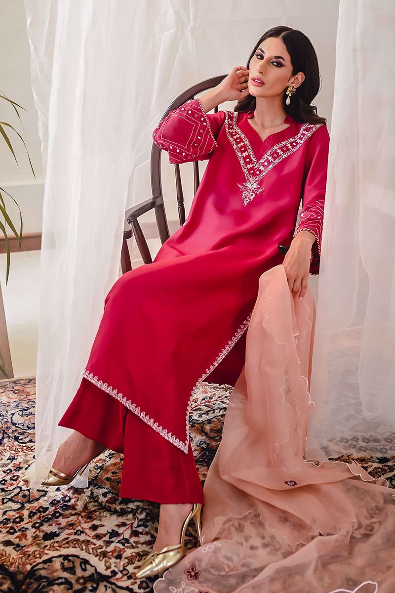 Pakistani Berry Red Embroidered Raw Silk Salwar Kameez (3-Piece) - Image 14