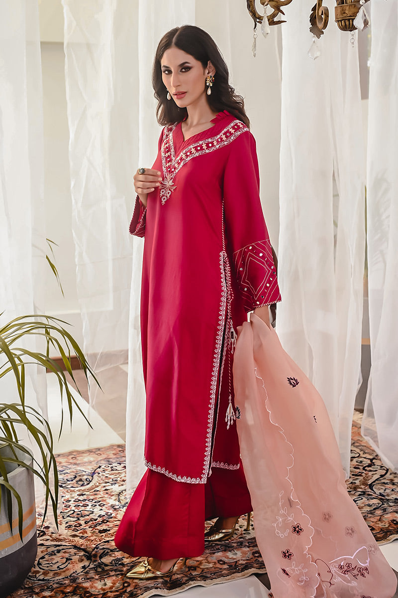 Pakistani Berry Red Embroidered Raw Silk Salwar Kameez (3-Piece) - Image 2