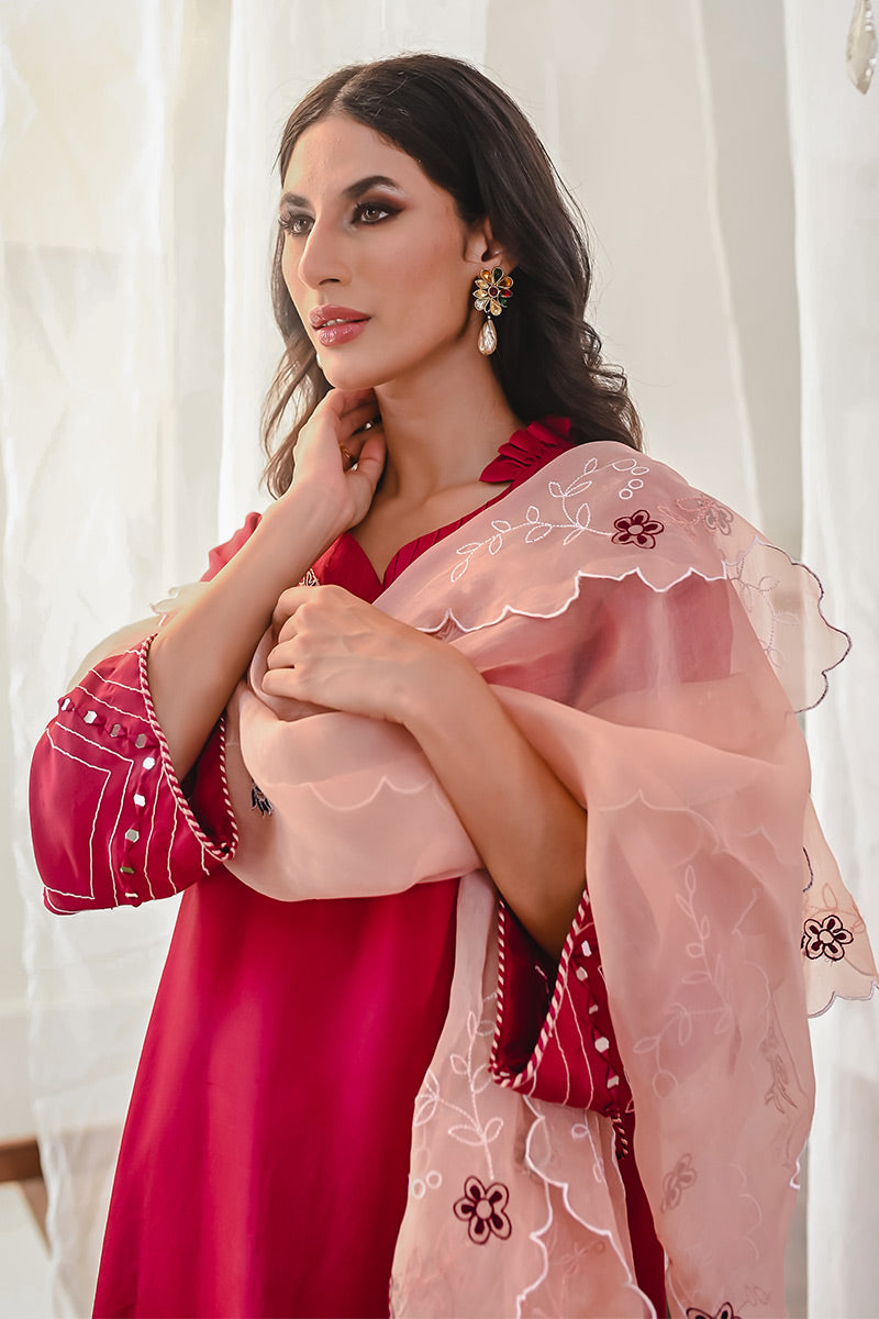 Pakistani Berry Red Embroidered Raw Silk Salwar Kameez (3-Piece) - Image 3
