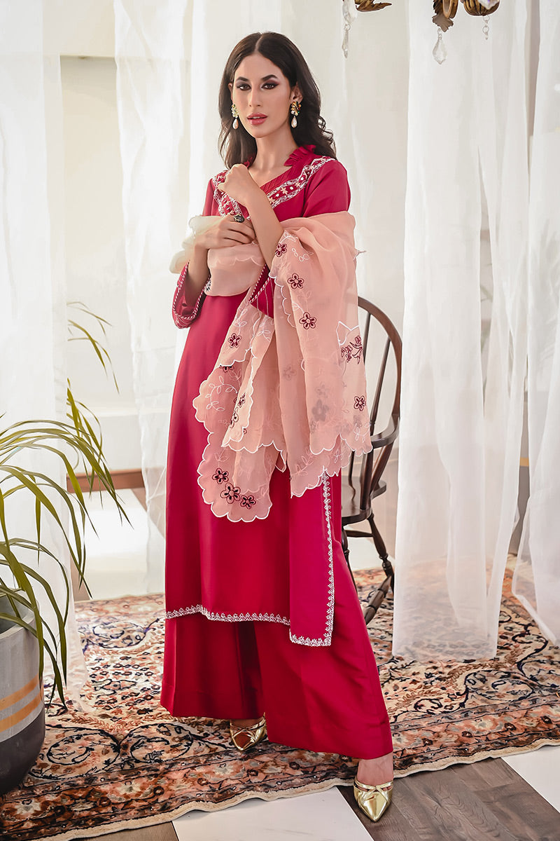 Pakistani Berry Red Embroidered Raw Silk Salwar Kameez (3-Piece) - Image 6