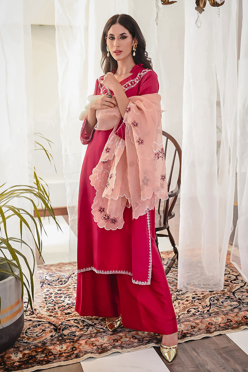 Pakistani Berry Red Embroidered Raw Silk Salwar Kameez (3-Piece) - Image 7