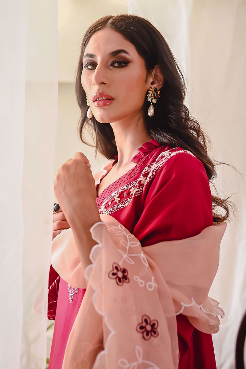 Pakistani Berry Red Embroidered Raw Silk Salwar Kameez (3-Piece) - Image 8
