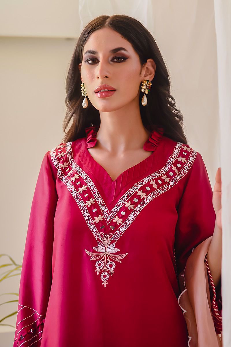 Pakistani Berry Red Embroidered Raw Silk Salwar Kameez (3-Piece) - Image 9