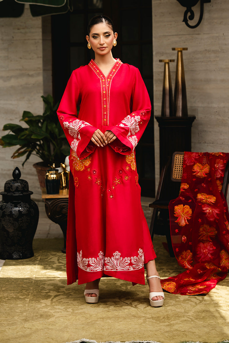 Pakistani Red Embroidered Pure Raw Silk Salwar Kameez (3-Piece) - Image 3