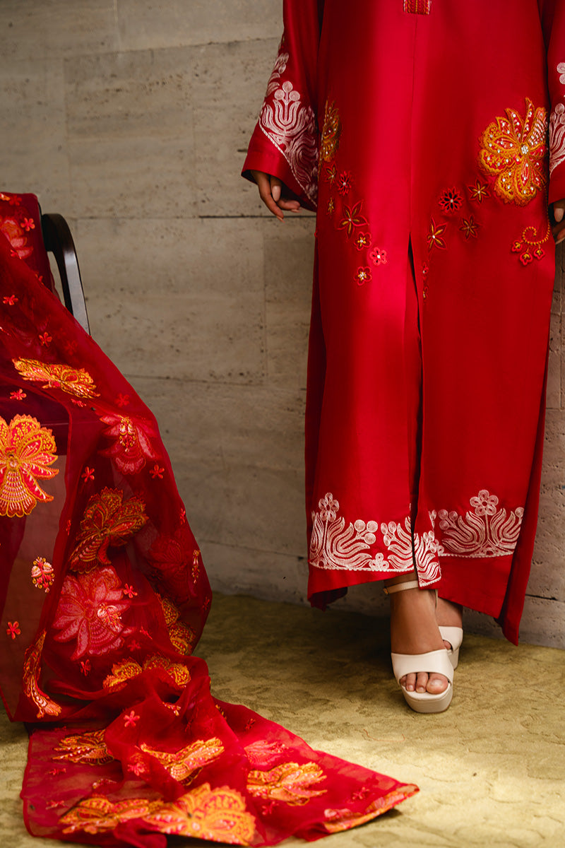 Pakistani Red Embroidered Pure Raw Silk Salwar Kameez (3-Piece) - Image 6