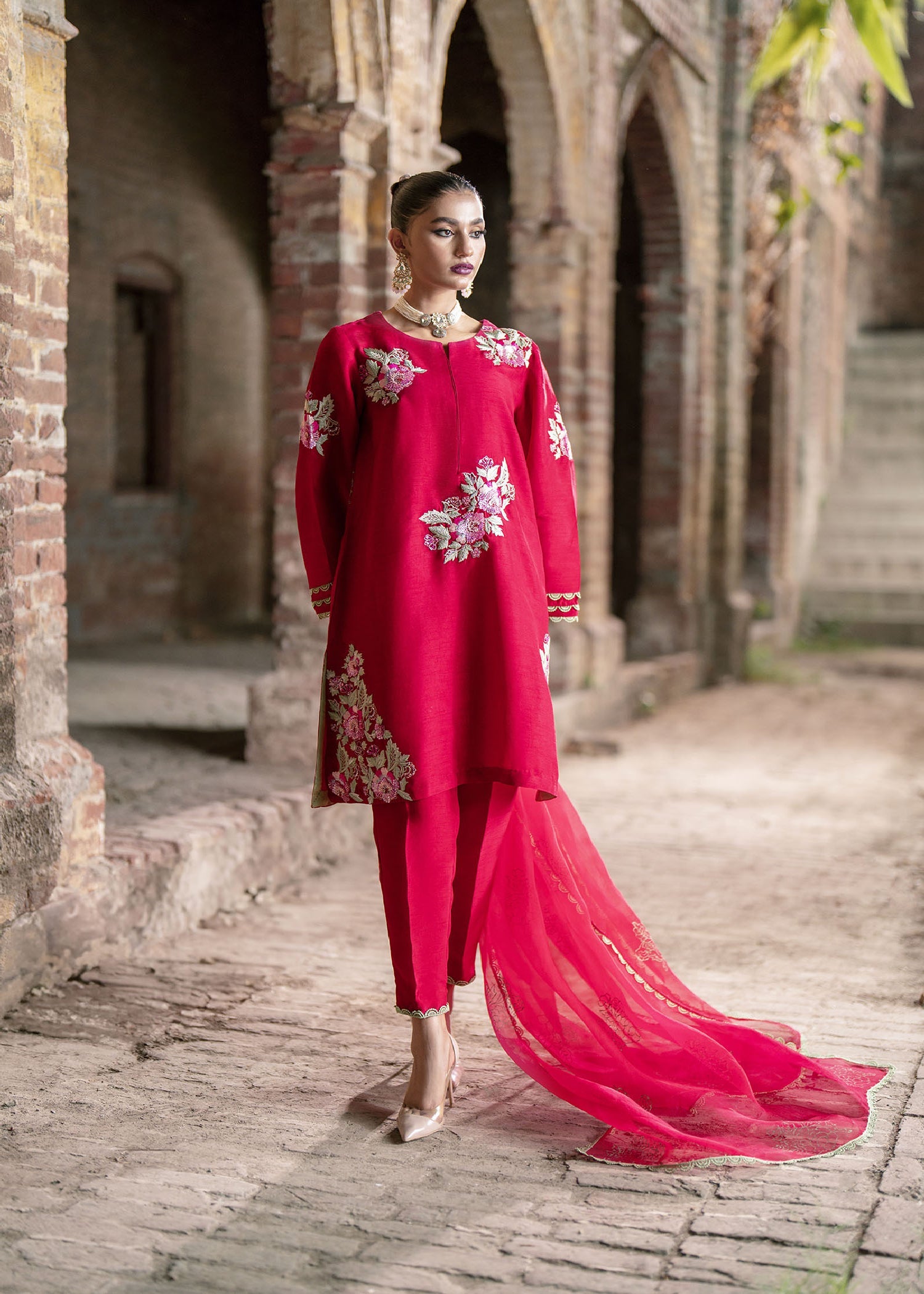 Cherry Red Embroidered Raw Silk Kurta Set (3-Piece) - Image 1