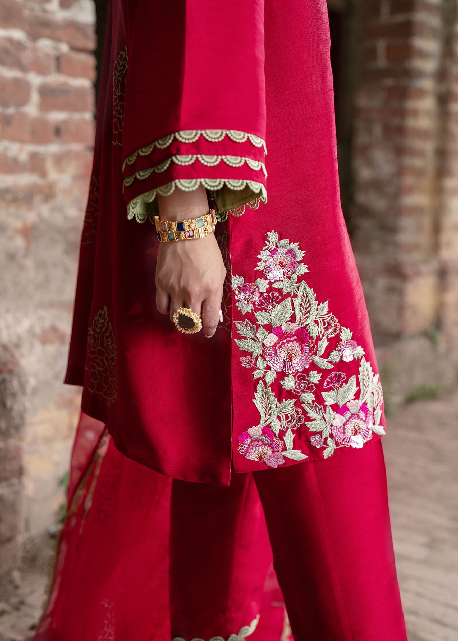 Cherry Red Embroidered Raw Silk Kurta Set (3-Piece) - Image 4