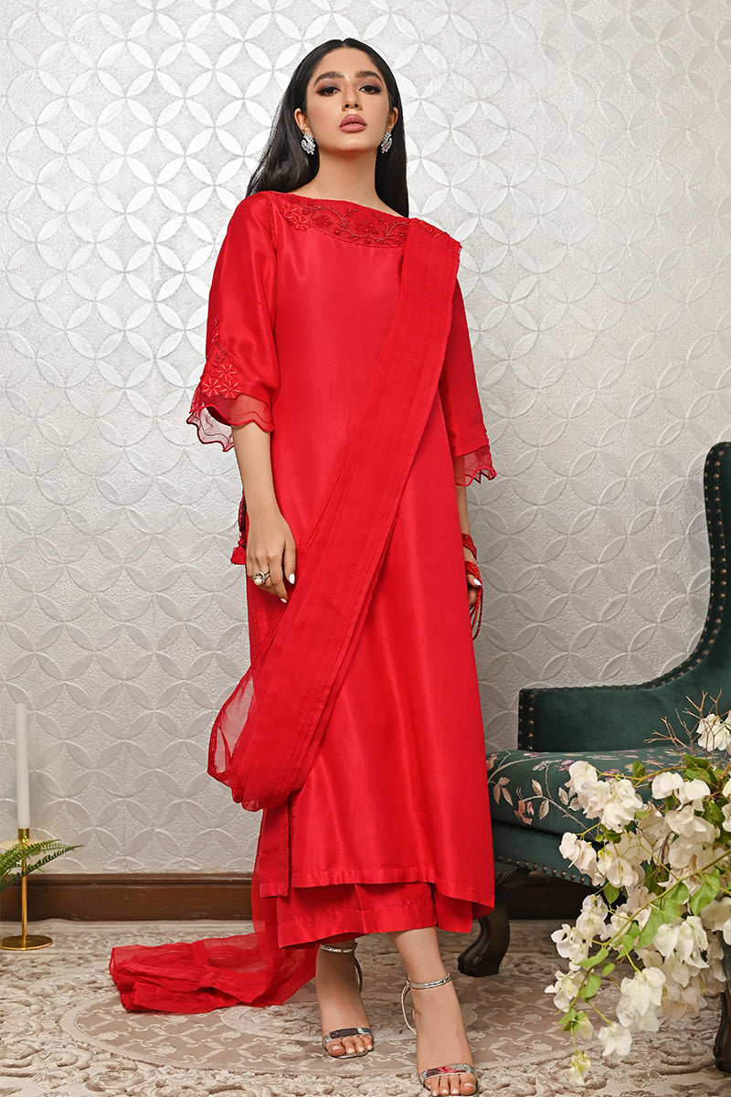 Pakistani Red Embroidered Pure Raw Silk Salwar Kameez (3-Piece) - Image 1