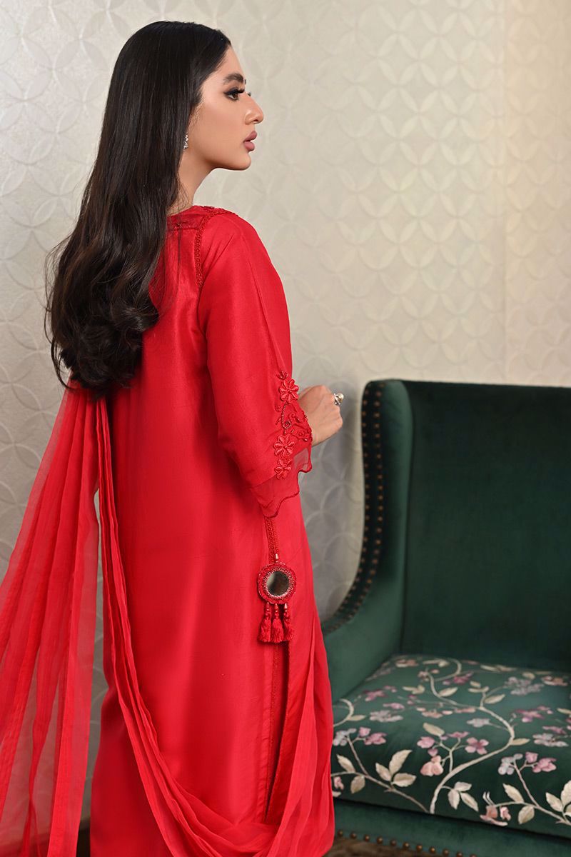 Pakistani Red Embroidered Pure Raw Silk Salwar Kameez (3-Piece) - Image 11