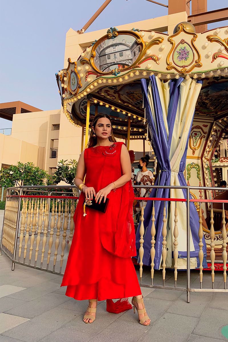 Pakistani Red Embroidered Pure Raw Silk Salwar Kameez (3-Piece) - Image 13