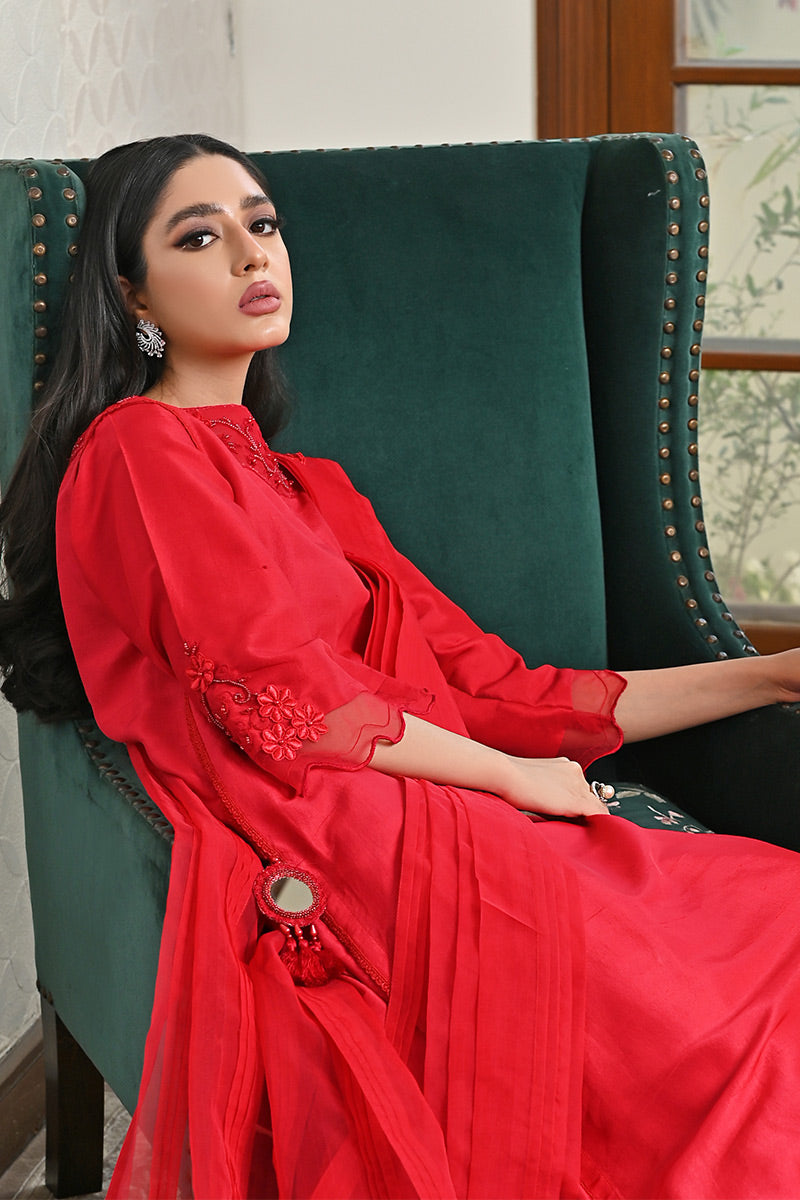Pakistani Red Embroidered Pure Raw Silk Salwar Kameez (3-Piece) - Image 2