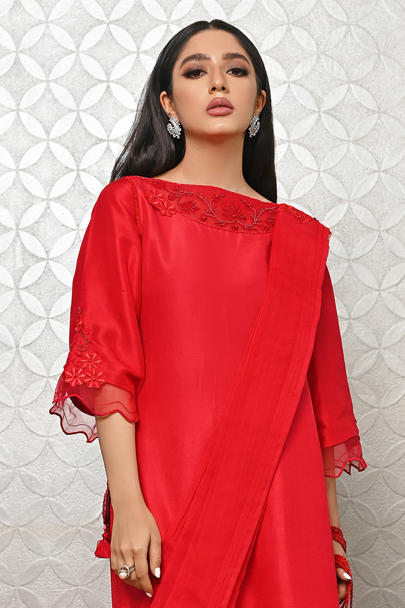 Pakistani Red Embroidered Pure Raw Silk Salwar Kameez (3-Piece) - Image 4