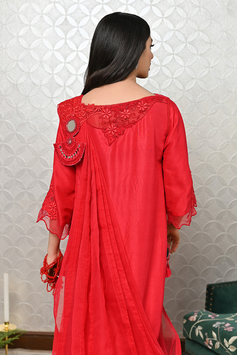 Pakistani Red Embroidered Pure Raw Silk Salwar Kameez (3-Piece) - Image 6