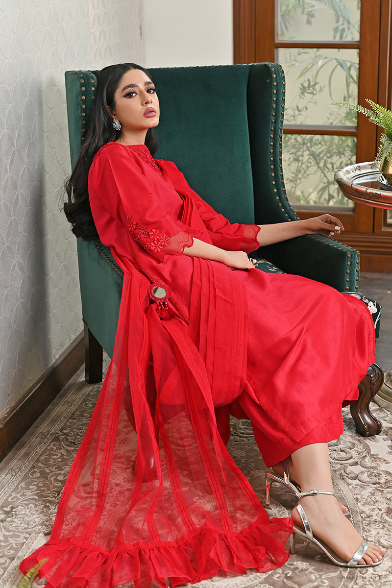 Pakistani Red Embroidered Pure Raw Silk Salwar Kameez (3-Piece) - Image 7