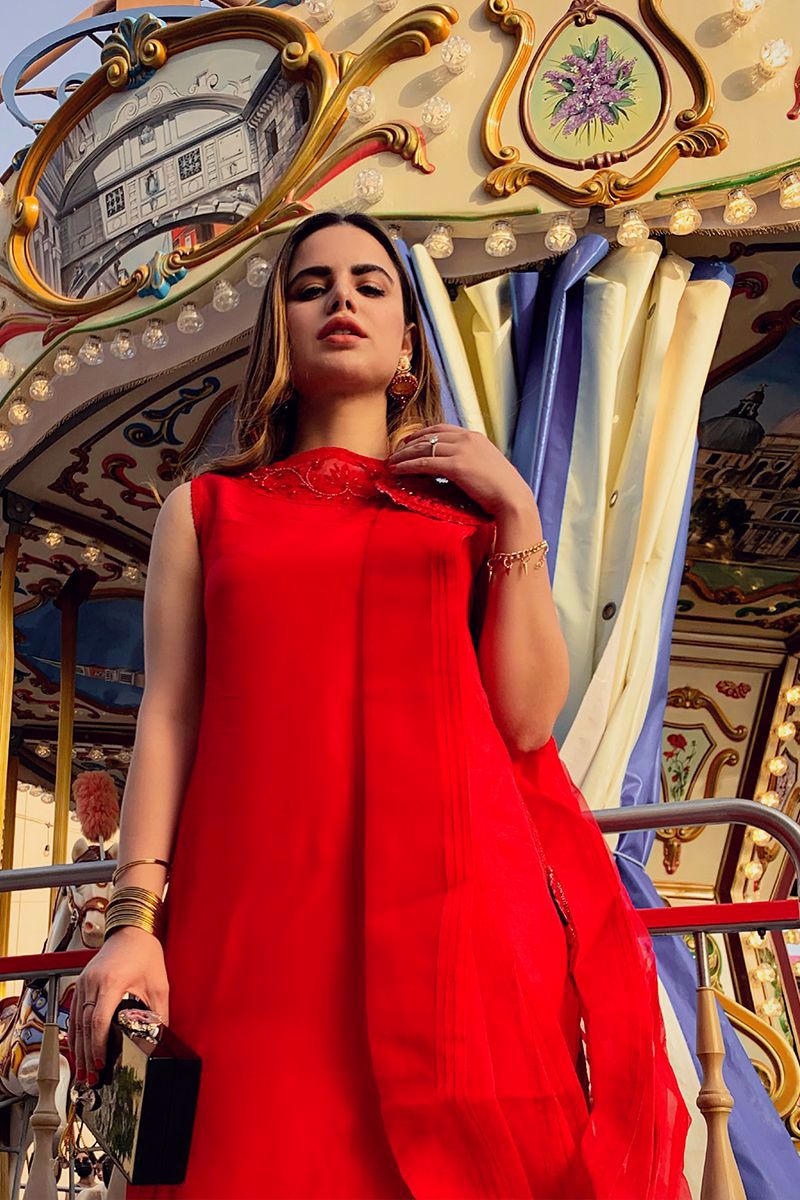 Pakistani Red Embroidered Pure Raw Silk Salwar Kameez (3-Piece) - Image 8