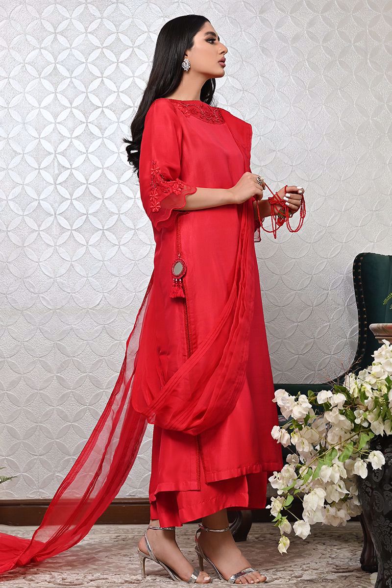Pakistani Red Embroidered Pure Raw Silk Salwar Kameez (3-Piece) - Image 9