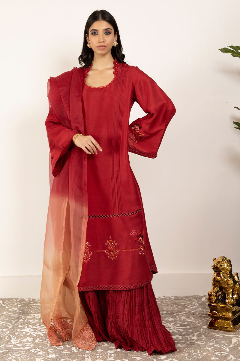 Pakistani Deep Scarlet Embroidered Raw Silk Salwar Kameez (3-Piece) - Image 1
