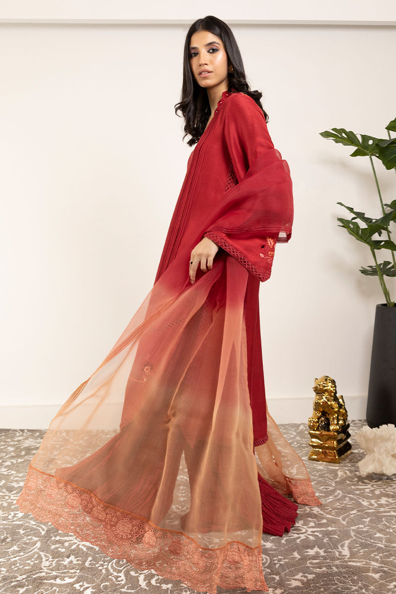 Pakistani Deep Scarlet Embroidered Raw Silk Salwar Kameez (3-Piece) - Image 2