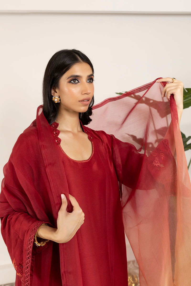 Pakistani Deep Scarlet Embroidered Raw Silk Salwar Kameez (3-Piece) - Image 4