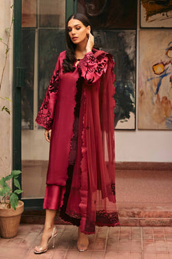 Garnet Red Velvet Appliqué Raw Silk Salwar Kameez (3-Piece) - Image 1