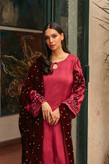 Garnet Red Velvet Appliqué Raw Silk Salwar Kameez (3-Piece) - Image 3