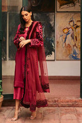 Garnet Red Velvet Appliqué Raw Silk Salwar Kameez (3-Piece) - Image 4