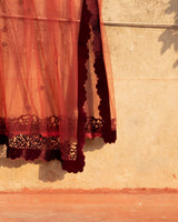 Garnet Red Velvet Appliqué Raw Silk Salwar Kameez (3-Piece) - Image 7