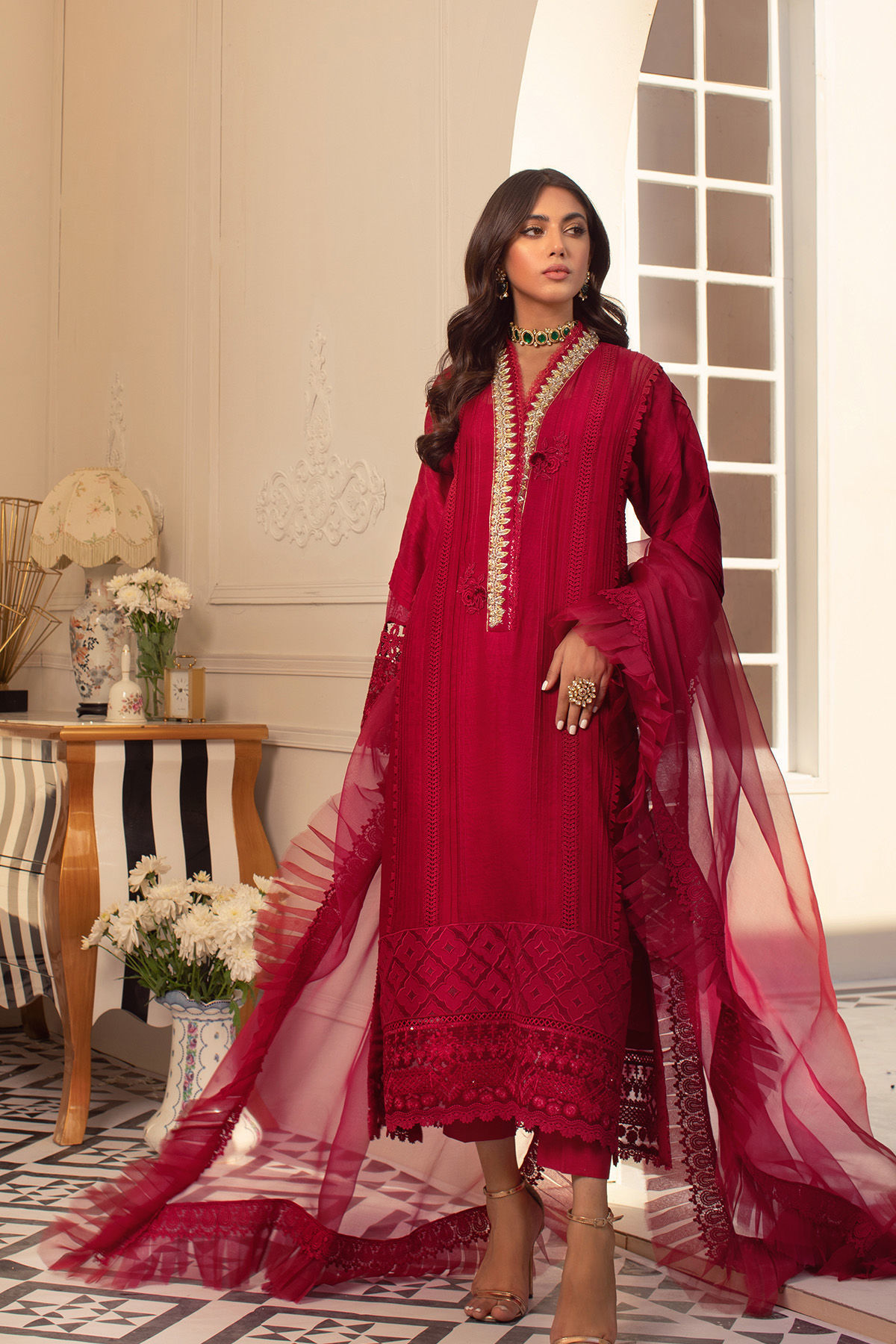 Ruby Zardozi Raw Silk Salwar Kameez (3-Piece) - Image 1