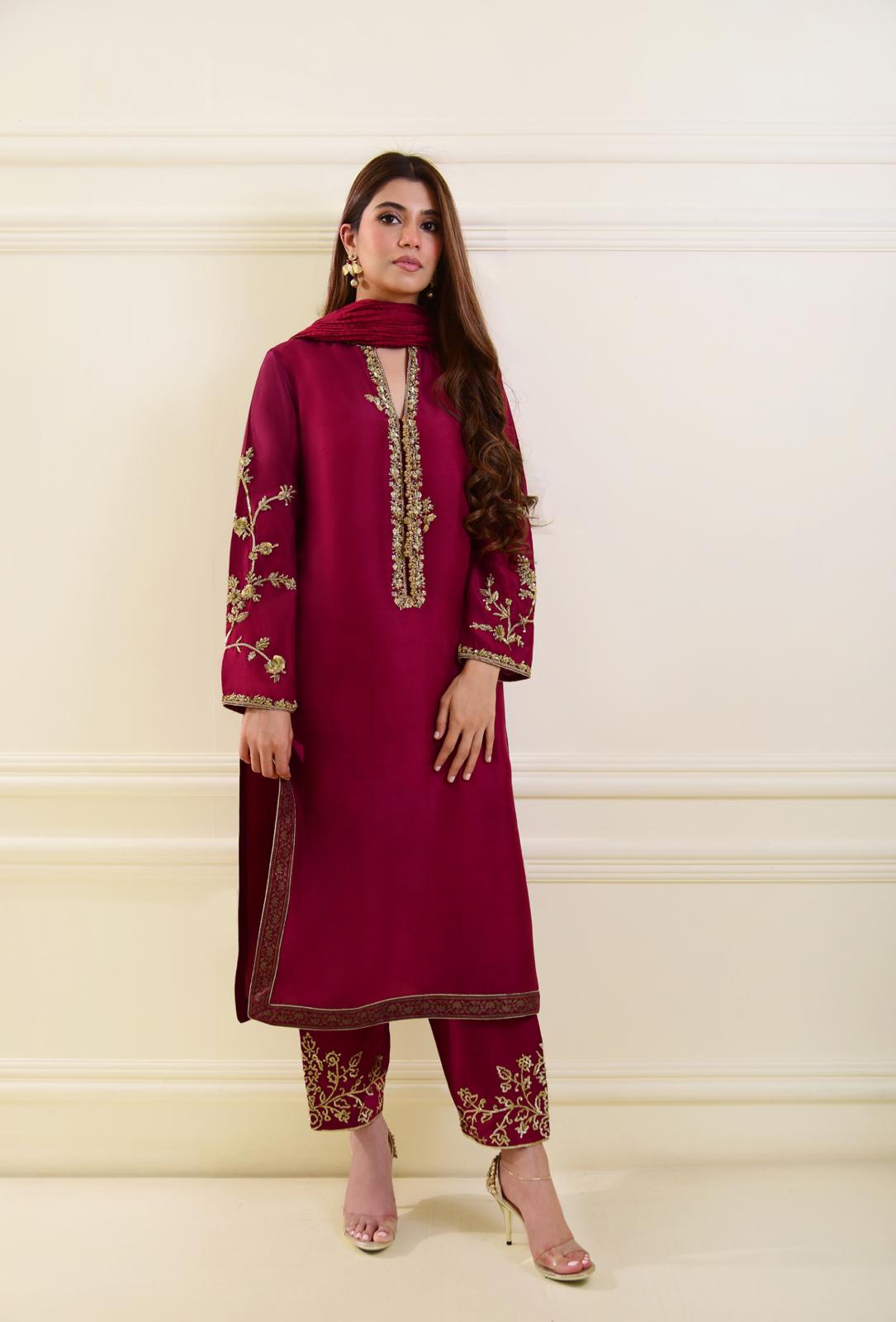 Ruby Red Zardozi Raw Silk Salwar Kameez (3-Piece) - Image 1