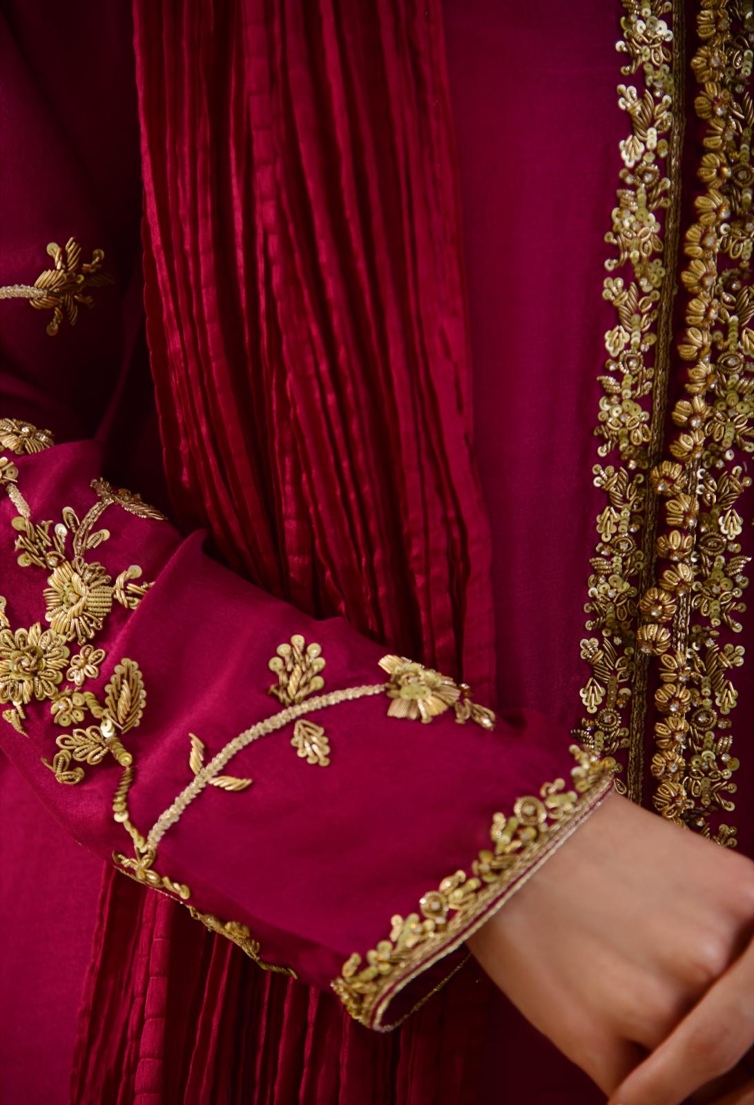 Ruby Red Zardozi Raw Silk Salwar Kameez (3-Piece) - Image 3